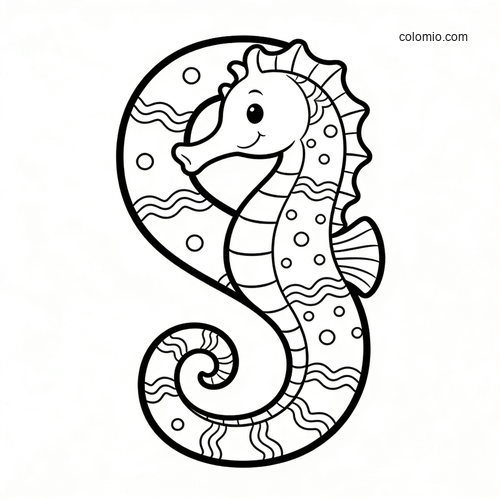 A large letter S shaped with a cute smiling seahorse, featuring simple stripes, dots, and wavy decorative patterns. A large letter S shaped with a cute smiling seahorse, featuring simple stripes, dots, and wavy decorative patterns.