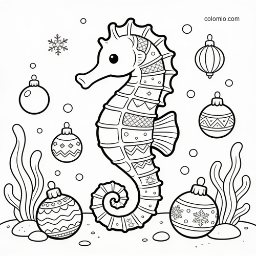 A cute seahorse underwater surrounded by hanging Christmas ornaments, seaweed, bubbles, and a snowflake in simple line art. A cute seahorse underwater surrounded by hanging Christmas ornaments, seaweed, bubbles, and a snowflake in simple line art.
