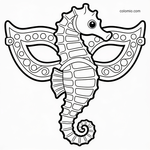 Black-and-white printable seahorse mask template with decorative eye openings and a seahorse centered on the front. Black-and-white printable seahorse mask template with decorative eye openings and a seahorse centered on the front.