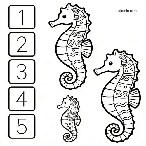 Black-and-white counting worksheet showing three patterned seahorses and number boxes 1 to 5 on the left. Black-and-white counting worksheet showing three patterned seahorses and number boxes 1 to 5 on the left.