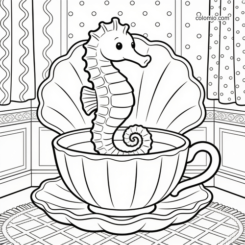 A cute seahorse sitting in a teacup with a large shell backdrop and a small spiral shell in a cozy black-and-white scene. A cute seahorse sitting in a teacup with a large shell backdrop and a small spiral shell in a cozy black-and-white scene.