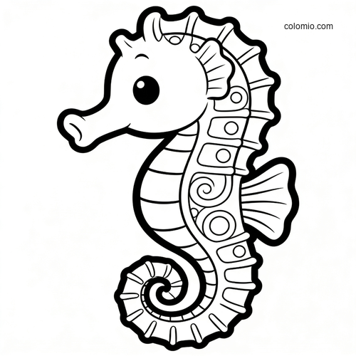 A cute baby seahorse shown in side portrait with big eye, curled tail, and simple decorative body patterns. A cute baby seahorse shown in side portrait with big eye, curled tail, and simple decorative body patterns.