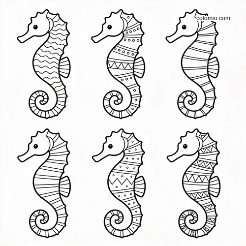 Six black-and-white seahorses showing different decorative tail and body patterns in a simple pattern study layout. Six black-and-white seahorses showing different decorative tail and body patterns in a simple pattern study layout.