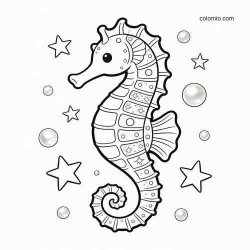 A fantasy seahorse with decorative body patterns, floating pearls, and star shapes in a simple black-and-white outline. A fantasy seahorse with decorative body patterns, floating pearls, and star shapes in a simple black-and-white outline.