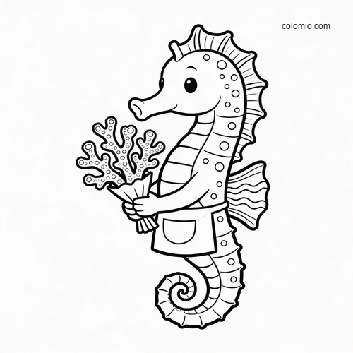 A cute cartoon seahorse wearing an apron and holding a coral bouquet, drawn in simple black-and-white line art. A cute cartoon seahorse wearing an apron and holding a coral bouquet, drawn in simple black-and-white line art.