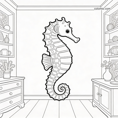 A large elegant seahorse with decorative body segments centered in a room scene with shelves, cabinets, and vases. A large elegant seahorse with decorative body segments centered in a room scene with shelves, cabinets, and vases.