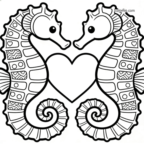 Two mirrored seahorses face each other around a large heart, drawn in a bold black-and-white cartoon style. Two mirrored seahorses face each other around a large heart, drawn in a bold black-and-white cartoon style.