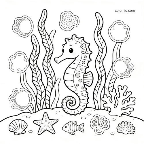 Black-and-white seahorse in a kelp reef scene with hidden objects, including shells, coral, a starfish, and a fish. Black-and-white seahorse in a kelp reef scene with hidden objects, including shells, coral, a starfish, and a fish.