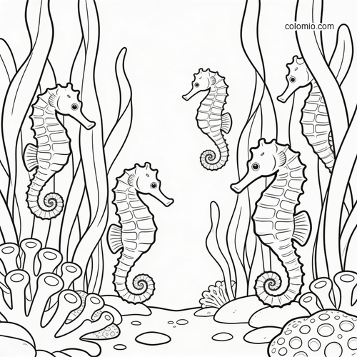 Five seahorses floating in a kelp forest panorama with sea plants, rocks, and coral in a clean black-and-white line drawing. Five seahorses floating in a kelp forest panorama with sea plants, rocks, and coral in a clean black-and-white line drawing.