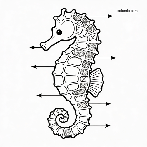 Black-and-white labeled anatomy diagram of a seahorse with arrows pointing to body parts in a simple outline style. Black-and-white labeled anatomy diagram of a seahorse with arrows pointing to body parts in a simple outline style.