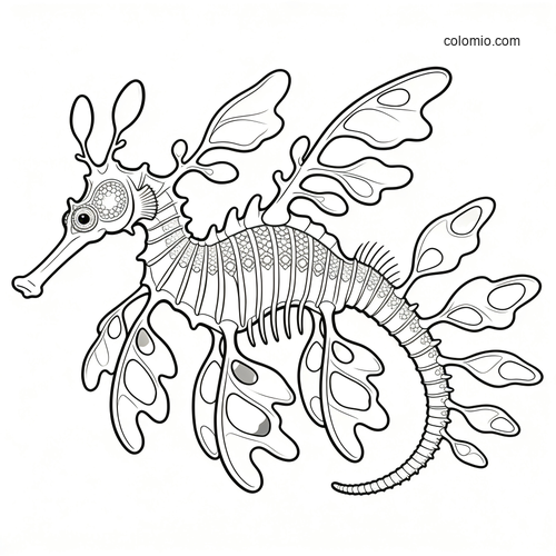 Black-and-white line art of a detailed leafy sea dragon with many leaf-like fins and patterned body segments. Black-and-white line art of a detailed leafy sea dragon with many leaf-like fins and patterned body segments.