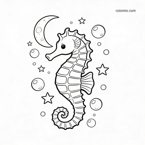 A cute seahorse outlined in black and white, floating among bubbles, stars, and a crescent moon. A cute seahorse outlined in black and white, floating among bubbles, stars, and a crescent moon.