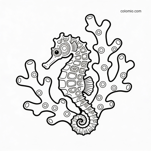 A detailed black-and-white pygmy seahorse with patterned body curled around simple branching coral outlines. A detailed black-and-white pygmy seahorse with patterned body curled around simple branching coral outlines.