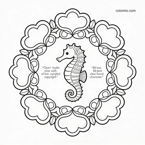 Black-and-white seahorse centered inside a decorative heart-shaped wreath with leaves and simple line details. Black-and-white seahorse centered inside a decorative heart-shaped wreath with leaves and simple line details.