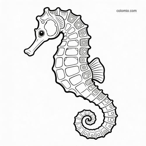 Black-and-white realistic seahorse in side profile with patterned body plates and a curled tail. Black-and-white realistic seahorse in side profile with patterned body plates and a curled tail.