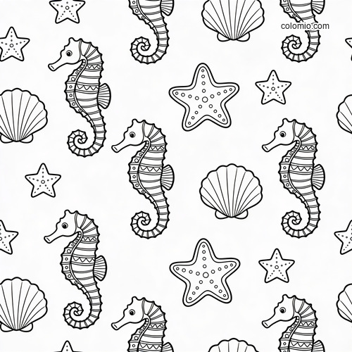 Black-and-white repeat pattern with cute seahorses, scallop shells, and starfish spaced across the page. Black-and-white repeat pattern with cute seahorses, scallop shells, and starfish spaced across the page.