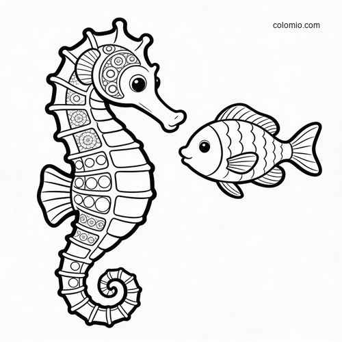 Black-and-white coloring page of a detailed seahorse with patterned body sections swimming beside a small fish. Black-and-white coloring page of a detailed seahorse with patterned body sections swimming beside a small fish.