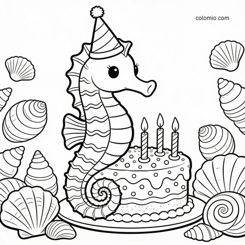 A cute seahorse wearing a party hat stands beside a birthday cake with three candles, surrounded by seashells. A cute seahorse wearing a party hat stands beside a birthday cake with three candles, surrounded by seashells.