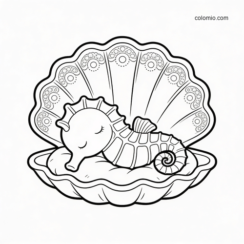A cute sleeping seahorse curled inside an open seashell cradle, drawn in simple black and white line art. A cute sleeping seahorse curled inside an open seashell cradle, drawn in simple black and white line art.