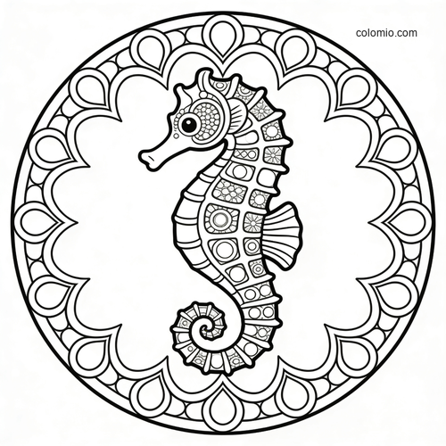 A detailed seahorse centered inside a circular mandala border with patterned body sections and petal-like shapes. A detailed seahorse centered inside a circular mandala border with patterned body sections and petal-like shapes.