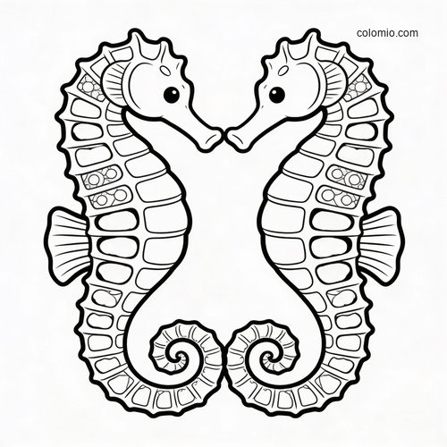Two cute seahorses face each other with curled tails touching in a simple black and white cartoon outline. Two cute seahorses face each other with curled tails touching in a simple black and white cartoon outline.
