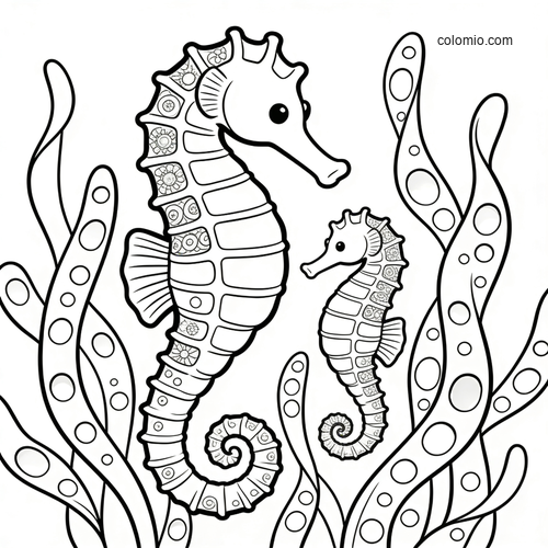 Black-and-white coloring page showing a parent seahorse and baby seahorse swimming among tall kelp fronds. Black-and-white coloring page showing a parent seahorse and baby seahorse swimming among tall kelp fronds.