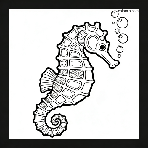 Black-and-white seahorse illustration with a curled tail and a trail of bubbles rising beside its head. Black-and-white seahorse illustration with a curled tail and a trail of bubbles rising beside its head.