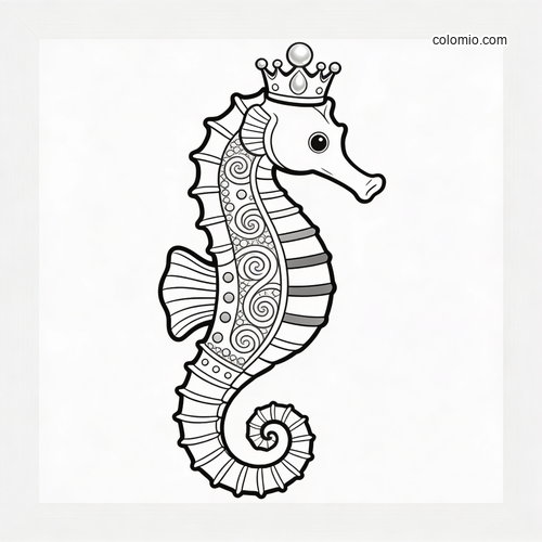 Black-and-white ornate seahorse with swirling patterns and a pearl crown, shown in a simple side view. Black-and-white ornate seahorse with swirling patterns and a pearl crown, shown in a simple side view.
