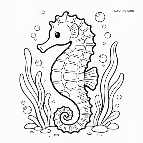 A simple cartoon seahorse surrounded by tall seaweed and floating bubbles in a clean black-and-white outline. A simple cartoon seahorse surrounded by tall seaweed and floating bubbles in a clean black-and-white outline.