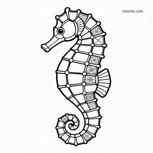 A seahorse outlined in a stained glass mosaic style, with segmented panels and small floral details inside some sections. A seahorse outlined in a stained glass mosaic style, with segmented panels and small floral details inside some sections.