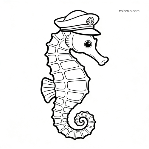 A cute outlined seahorse wearing a sailor cap, shown in a simple black-and-white cartoon style. A cute outlined seahorse wearing a sailor cap, shown in a simple black-and-white cartoon style.