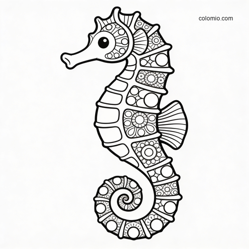 Black-and-white zentangle seahorse with patterned body panels and a tightly curled spiral tail. Black-and-white zentangle seahorse with patterned body panels and a tightly curled spiral tail.