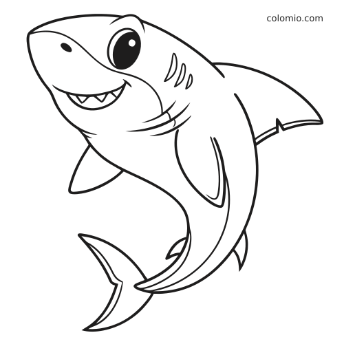 En babyhai i enkel tegneseriestil med stort smil, store øyne, små tenner og buede finner.