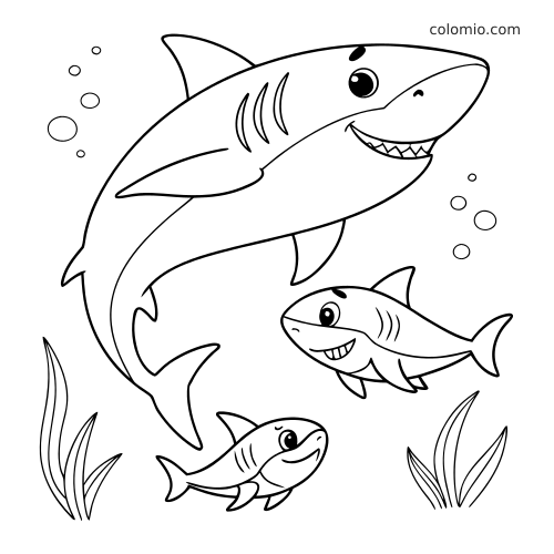 En tegnet haimamma svømmer sammen med to smilende haibabyer, med bobler og sjøgress i en enkel svart-hvitt-strek.