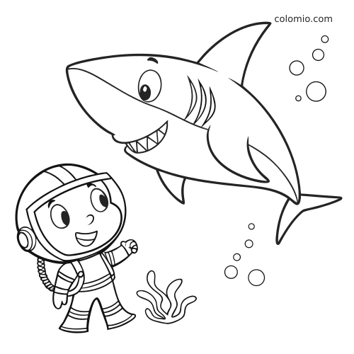 En tegneseriehai svømmer ved siden av en smilende dykker i en enkel undervannsscene med bobler og tang.