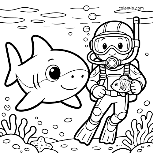 En smilende hai svømmer ved siden av en glad dykker som holder en fisk, med bobler og koraller under vann.