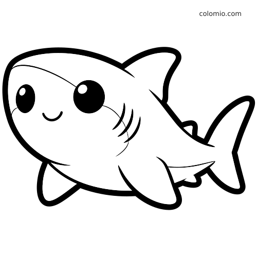 En kawaii hai i enkel tegneseriestil med store runde øyne, et smilende ansikt og tydelige svarte konturer.