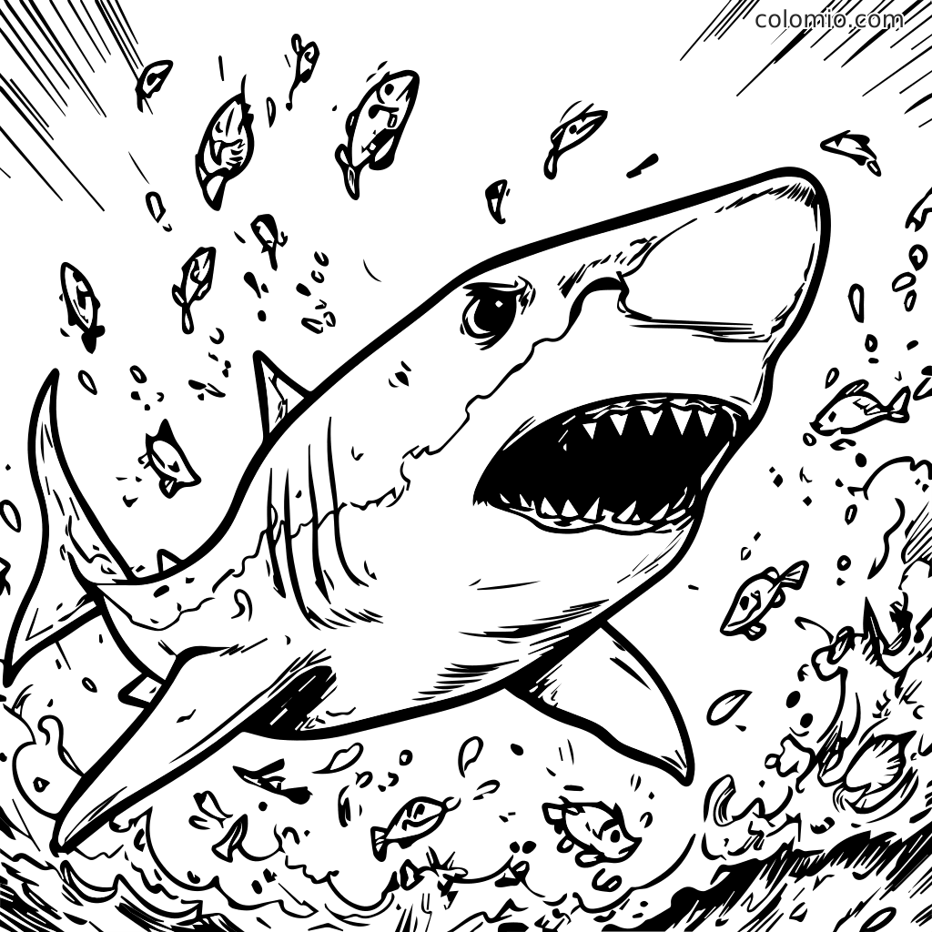 Um tubarão ousado saltando do oceano com peixes nadando ao redor, pronto para ser colorido.