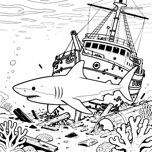 En hai svømmer foran et sunket skipsvrak med ødelagte planker, en tønne, bobler og koraller på havbunnen.