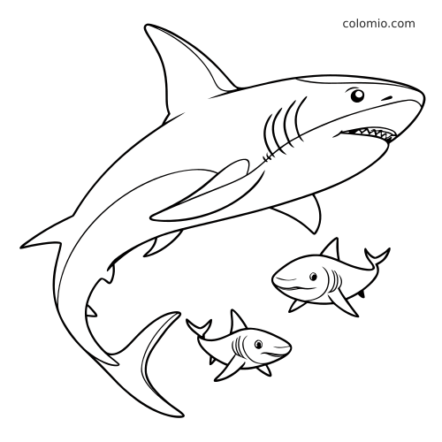 En enkel svart-hvitt-tegning av en stor hai som svømmer sammen med to små haier i ren tegneseriestil.
