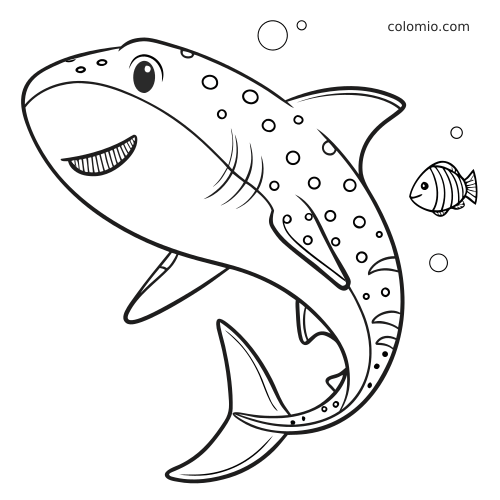 En tegnet hvalhai med runde flekker svømmer under vann ved siden av en liten fisk og noen bobler.