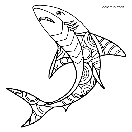 En hai tegnet i enkel zentangle-stil med tydelige omriss og buede mønsterdetaljer over kroppen og finnene.