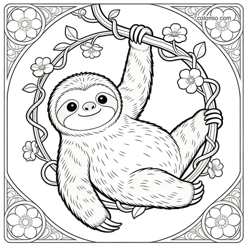 A smiling sloth hangs from a circular vine frame with flowers, drawn in an Art Nouveau style with decorative corner details.