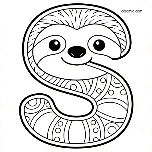 A large uppercase letter S decorated with simple patterns and topped by a cute smiling sloth face in bold black outlines.
