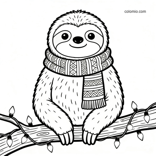 A cute sloth sits on a tree branch wearing a patterned scarf, with Christmas lights wrapped around the branch.
