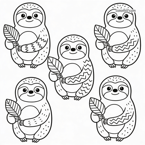 Black-and-white counting worksheet showing five cute sloths, each holding a leaf, in a simple cartoon style.