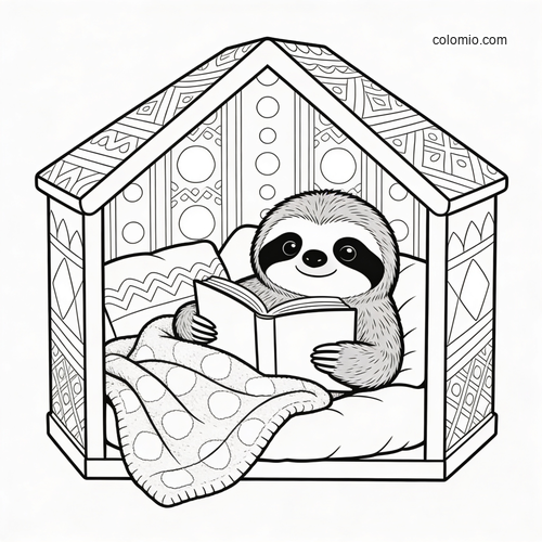 A cute sloth sits in a small hut-like reading nook, tucked under a blanket and holding an open book in a simple line drawing.