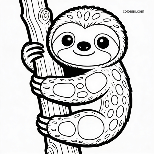 A cute baby sloth with big eyes clings to a tree branch in a simple cartoon black-and-white outline style.