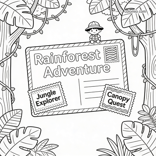 Black-and-white postcard scene with a rainforest adventure theme, jungle leaves, vines, stamps, and a small explorer figure.