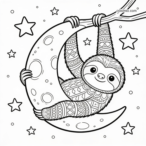 A cute sloth with patterned fur hangs from a crescent moon, surrounded by stars in a detailed black-and-white design.